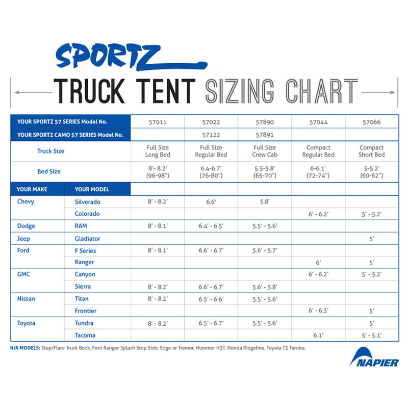 Truck tent sizing chart